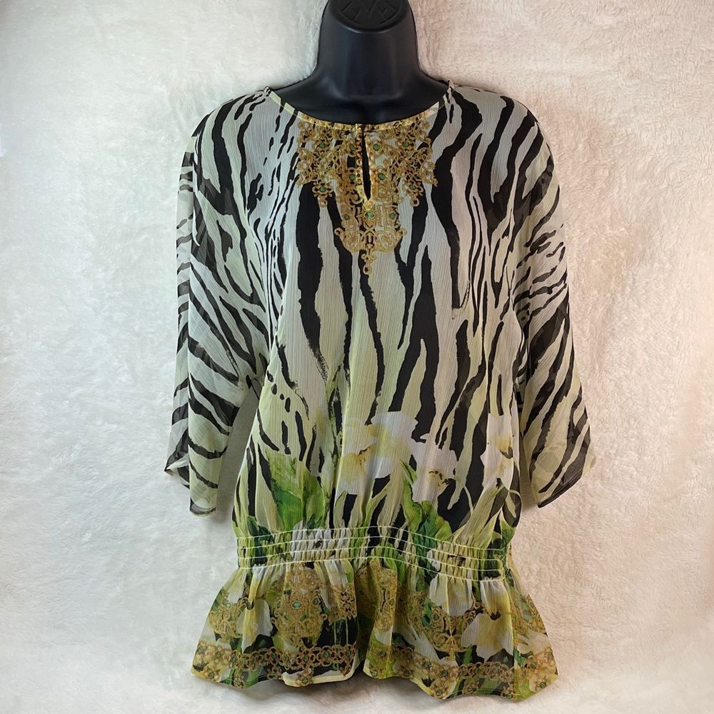 Chico’s Zebra Print Peplum Blouse with Green Accents | Size 1
